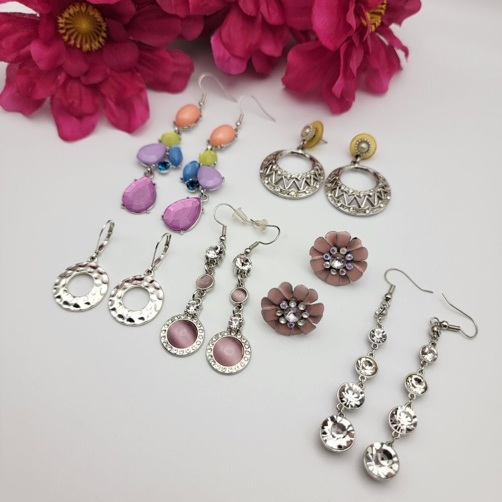 Silver Tone Colorful And Clear Crystal Pierced Earrings LOT Of 6 Pairs VTG.-MOD